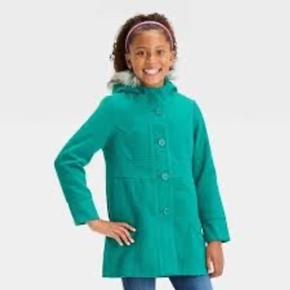 Cat & Jack Girls Green Faux Fur Hooded Pea Coat Jacket XS 4-5